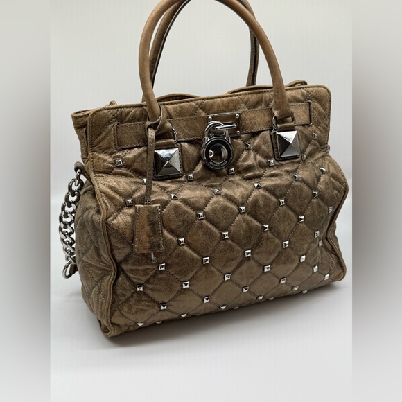 Michael Kors Hamilton Studded Quilted Satchel Metallic Pewter Gunmetal - Picture 1 of 11